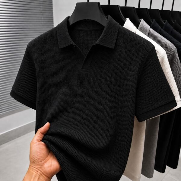 Premium Waffle Cuban Polo (Black)