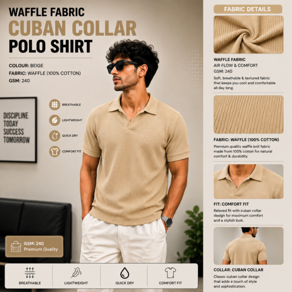 Premium Waffle Cuban Polo (Cream)
