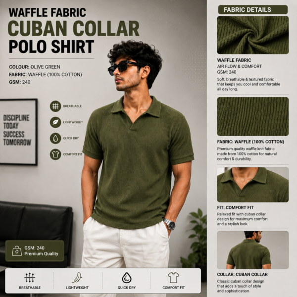 Premium Waffle Cuban Polo (Olive)