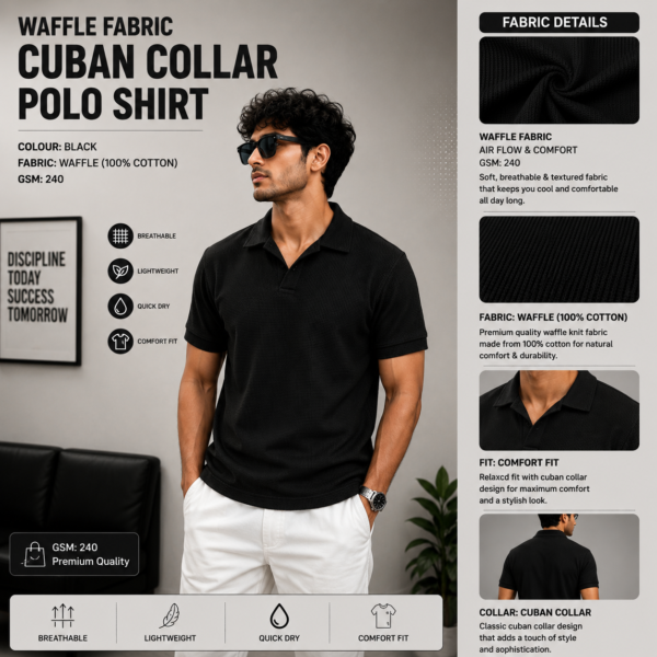 Premium Waffle Cuban Polo (Black)