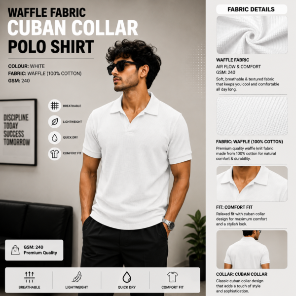 Premium Waffle Cuban Polo (White)